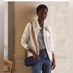 Boden Zip-Up Collared Cardigan Sweater in Cream/Navy Blue Size 6 Wool  Blend